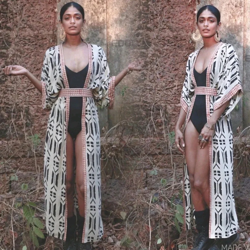 New Bohemian Kimono Duster Jacket Robe Swim Cover - Picture 3 of 12